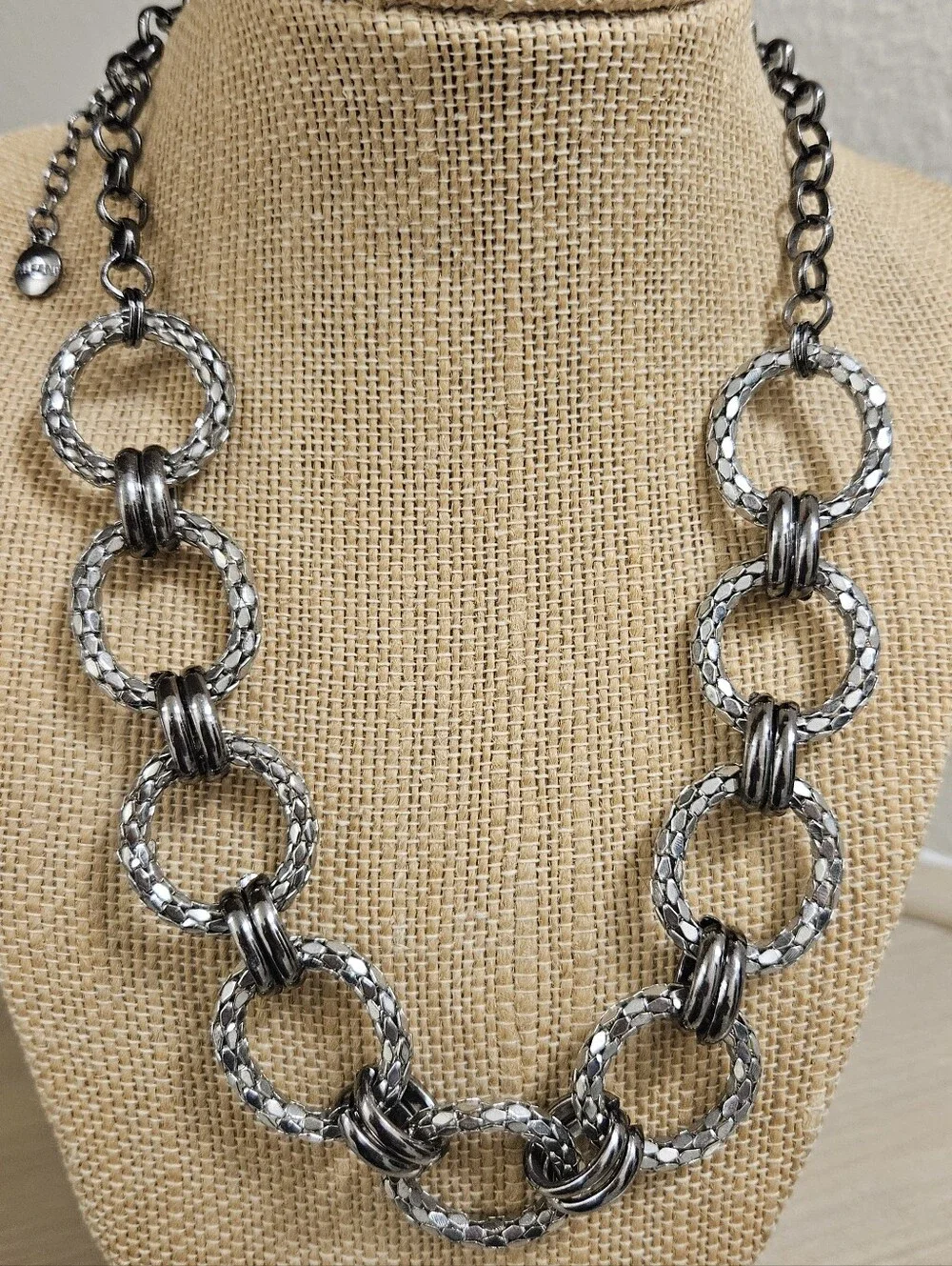 Alfani Necklace Silver Black Gunmetal Woven Loop Circle Links Modern Chain
